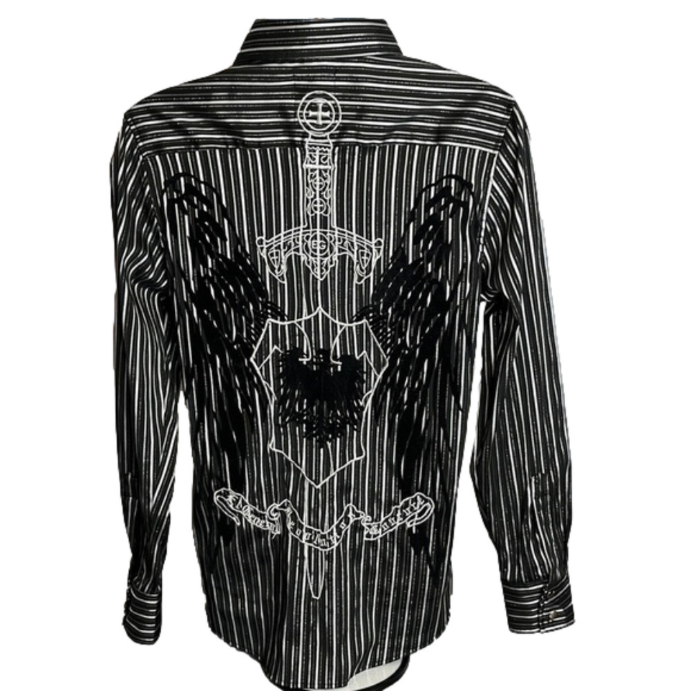 EL General mens long sleeve western shirt, L, snaps, blk/silver stripes
